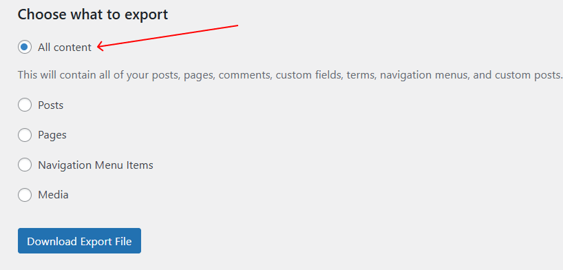 import export wordpress website choose all content
