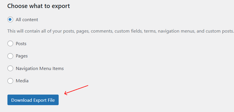 import export wordpress website download files