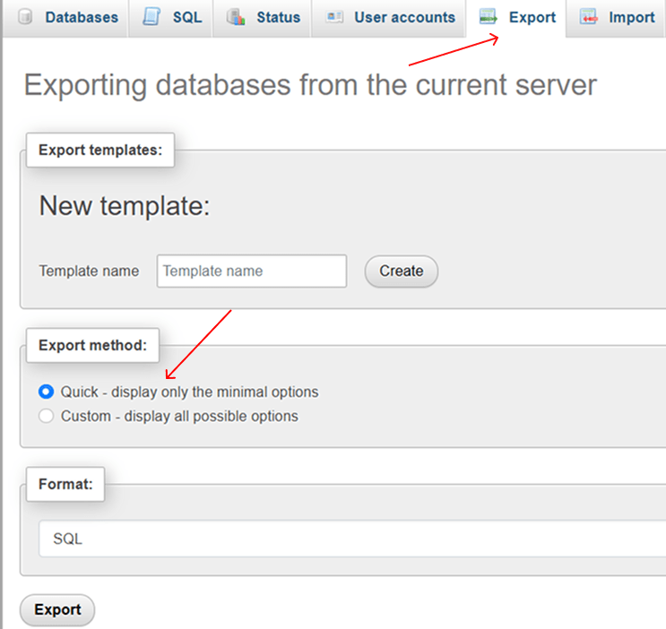 import export wordpress website export database