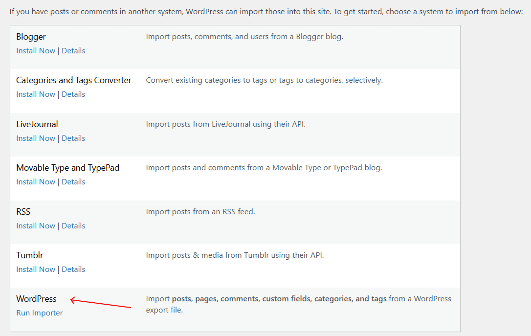 import export wordpress website wordpress importer