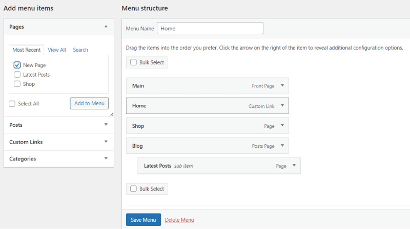 wordpress add page to menu