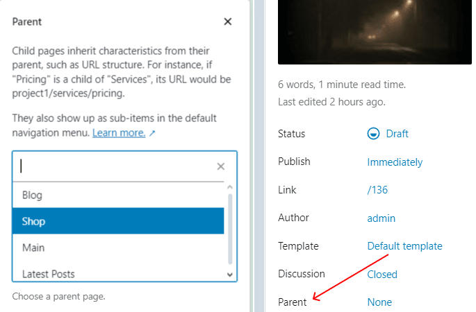 wordpress parent page