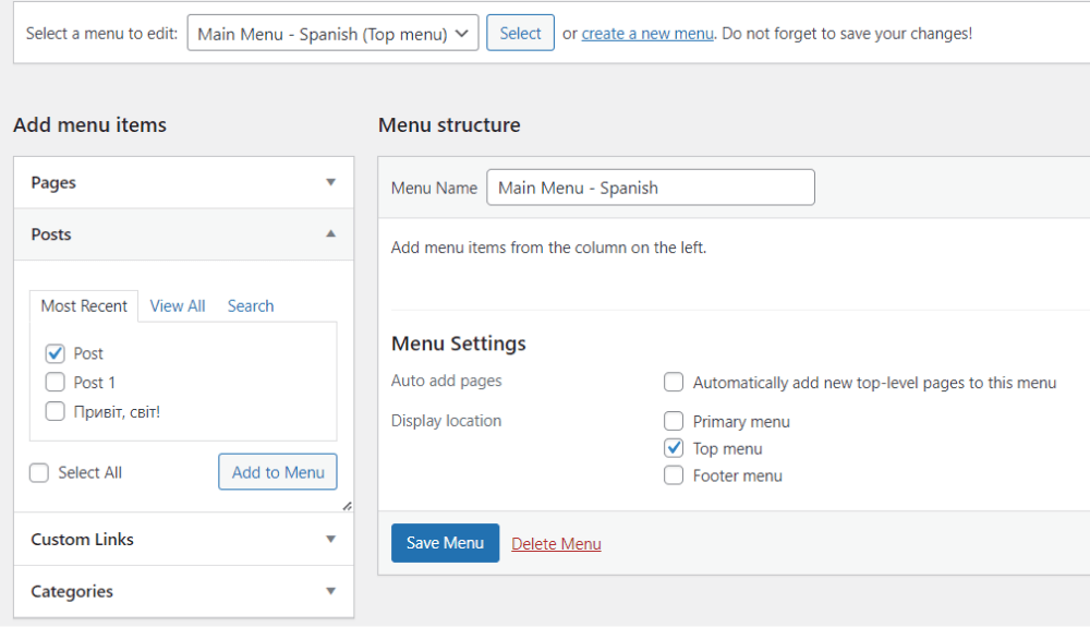 multilingual wordpress website add posts to menu