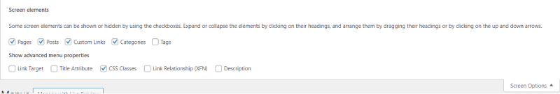 how to create a navigation menu in wordpress screen option