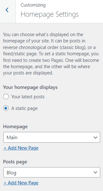 wordpress customizer homepage settings