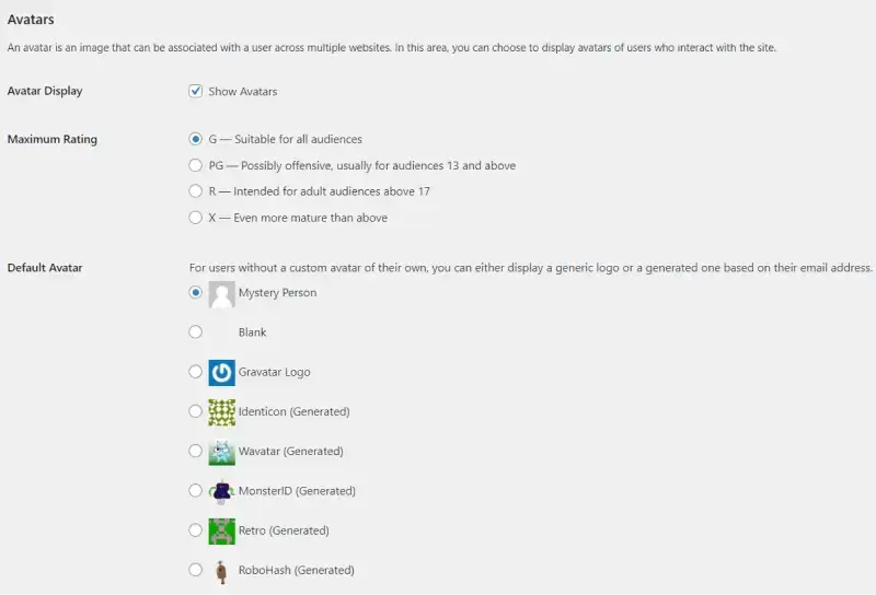 wordpress general settings avatars