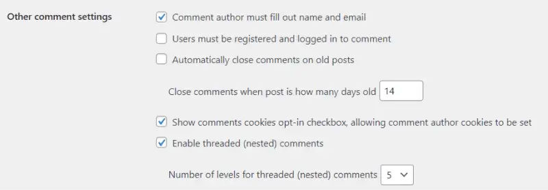 wordpress general settings other comment settings