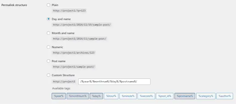 wordpress general settings permalink