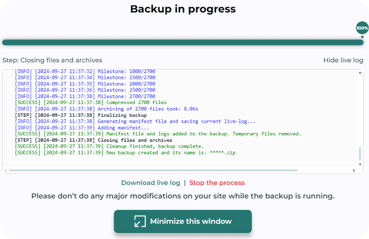 import export wordpress settings backup progress