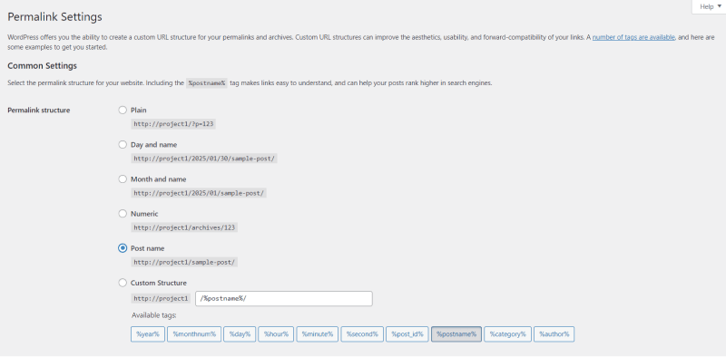 wordpress setting permalinks choose post name